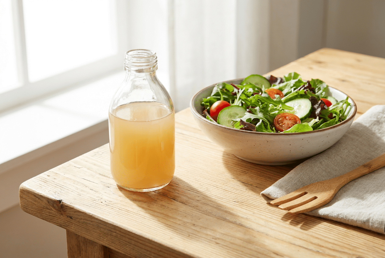 Flesje appelazijn naast een groene salade op een houten tafel