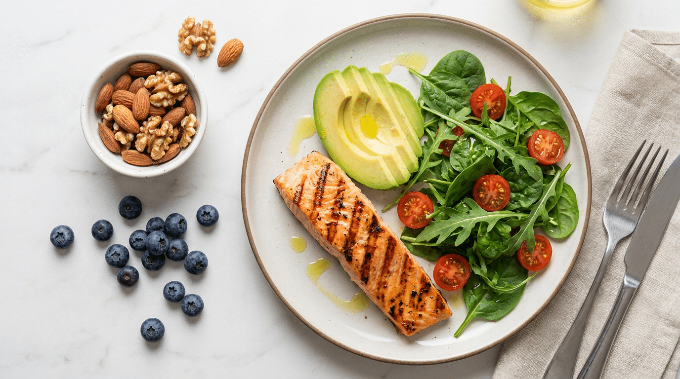 Bord met zalm, avocado, bladgroente, noten en bessen dat de bloedsuikerspiegel stabiel houdt