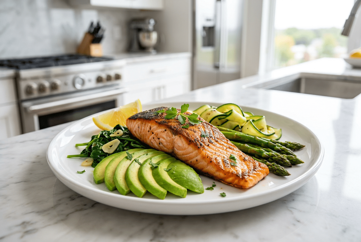 Keto maaltijd met zalm, avocado en groenten op een bord