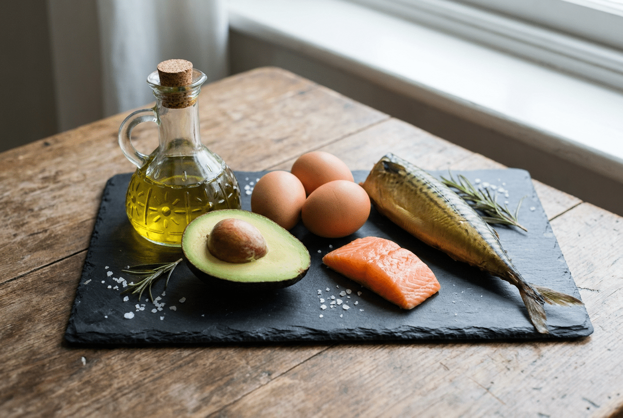 Olijfolie, avocado, eieren en vette vis als makkelijk verteerbare keto vetten