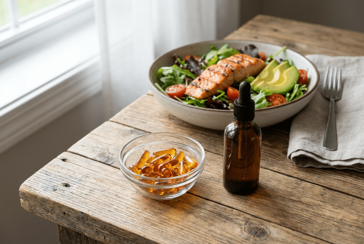 Supplementen zoals ossengal capsules en MCT-olie naast een keto maaltijd