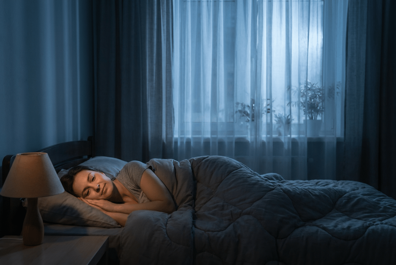 Iemand slaapt rustig in een donkere, kalme slaapkamer met zacht maanlicht