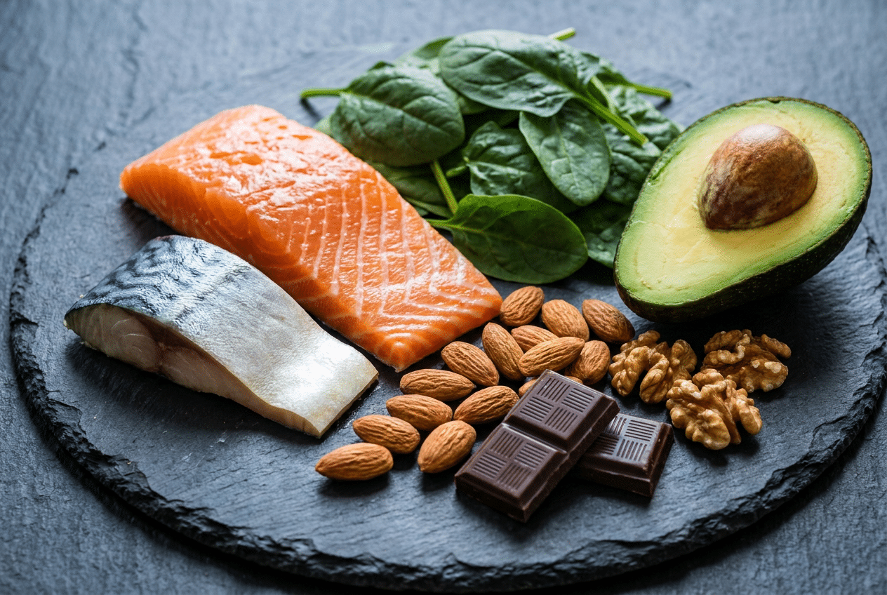 Cortisolverlagende keto voeding op een leisteen plank: zalm, makreel, spinazie, avocado, amandelen, walnoten en pure chocolade