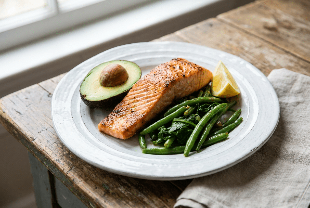 Keto maaltijd met zalm, avocado, ei en groene groenten op een bord