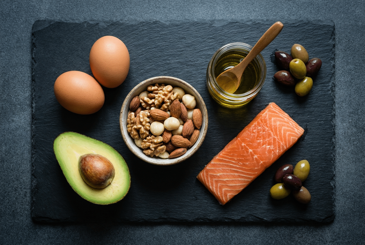 Gezonde keto-vetten op een leisteen plank: eieren, avocado, noten, zalm en olijfolie