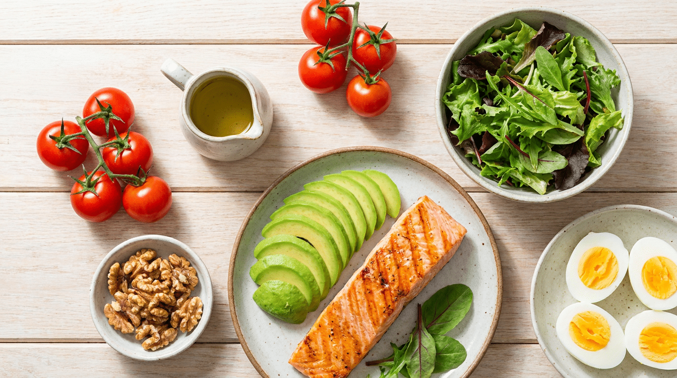 Gezonde ketogene maaltijd met zalm, avocado, ei en salade