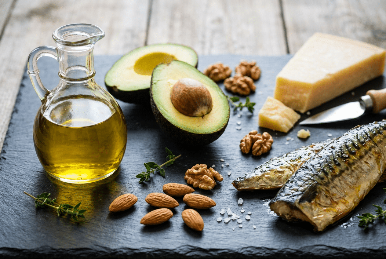 Gezonde keto vetten: olijfolie, avocado, noten, kaas en makreel