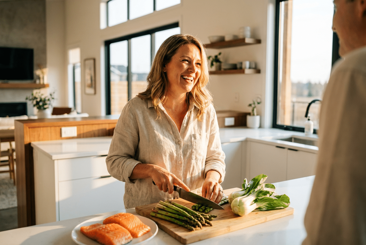 Vrouw bereidt ontspannen een keto maaltijd met zalm en groenten