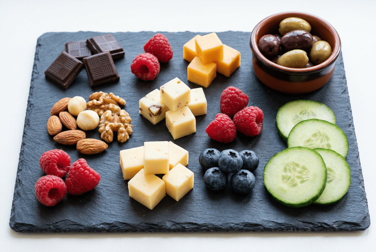 Keto snacks bij zoethonger: pure chocolade, noten, kaas, bessen en komkommer