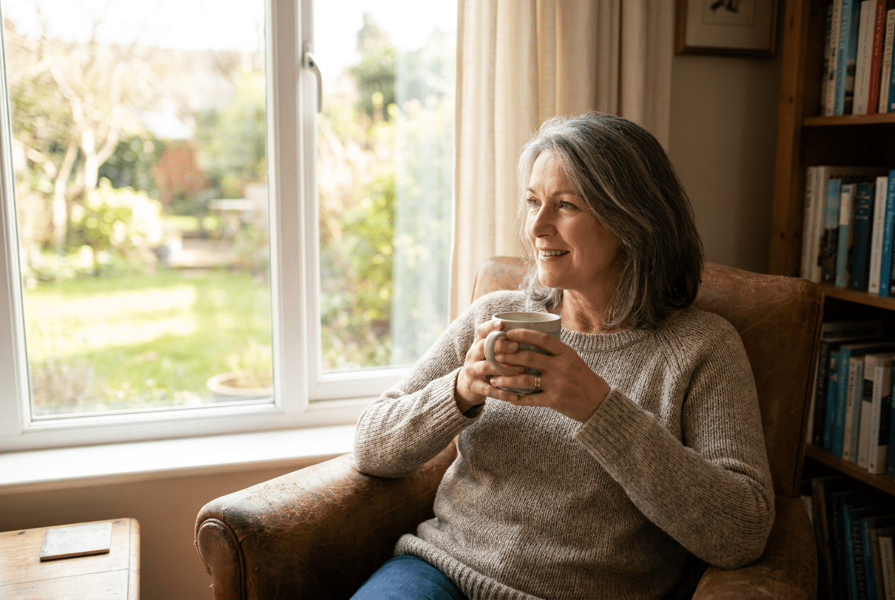 Rustige vrouw met een kopje thee zonder suikertrek