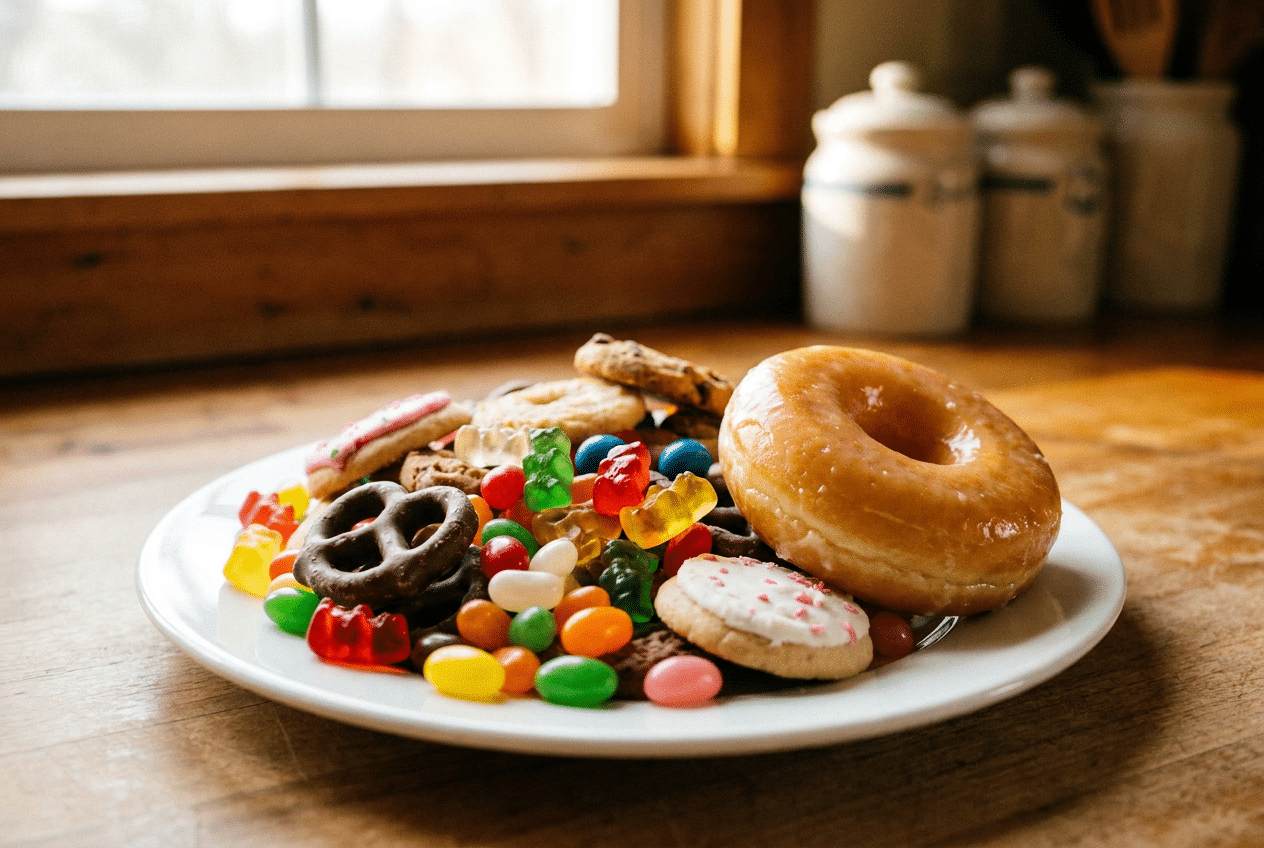 Bord met snoep, koekjes en een donut die suikertrek oproepen